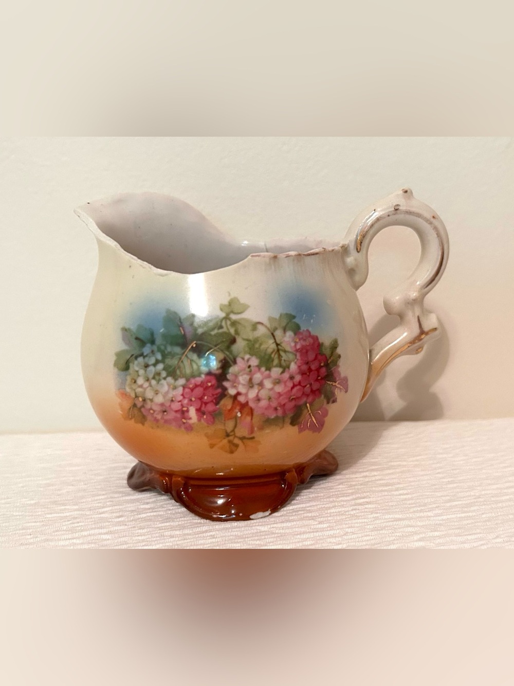 Vintage Austrian Creamer Pitcher Porcelain Pink Floral Tan Brown Gold Tone Trim